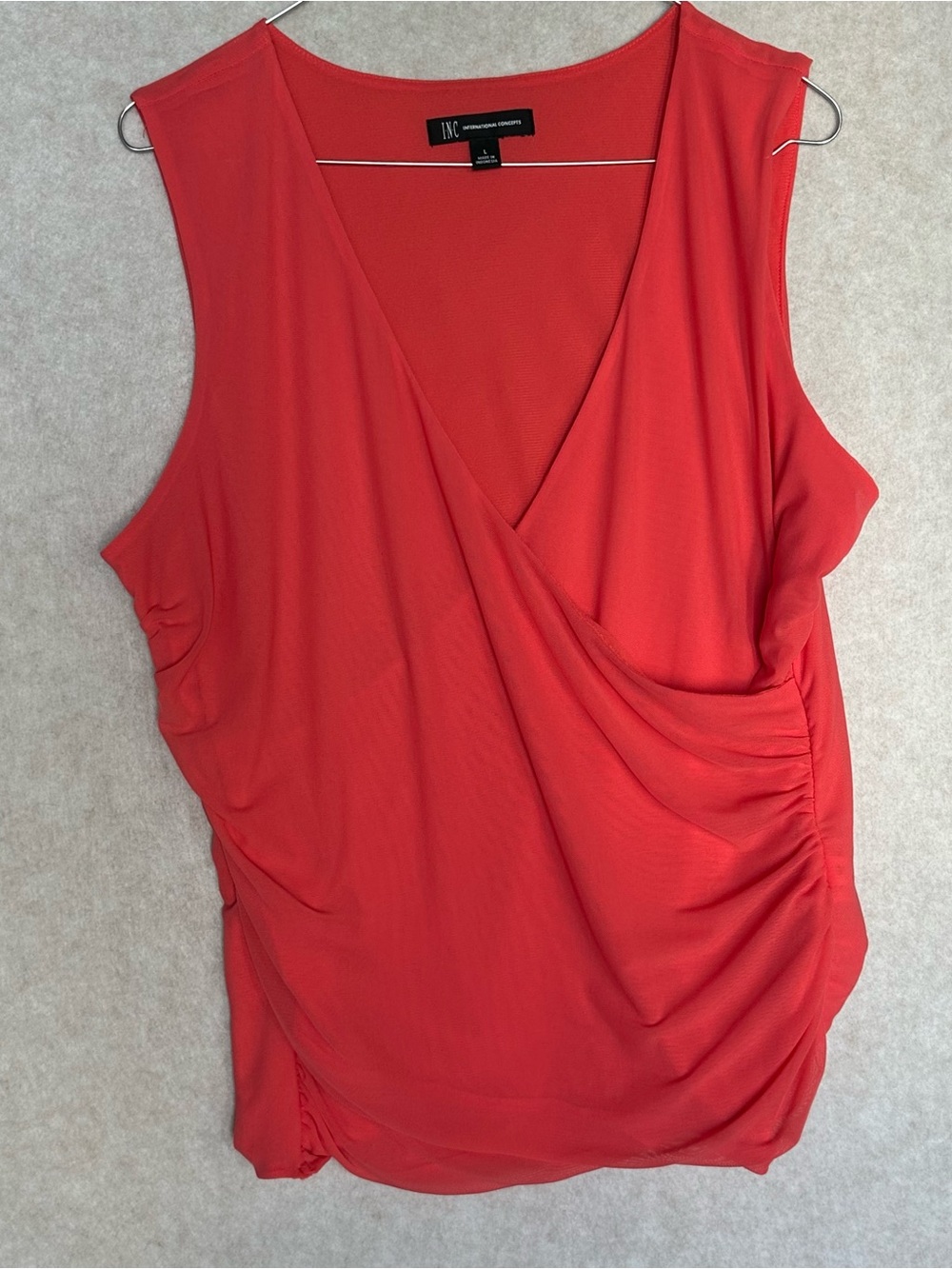INC International Concepts Shirt Size L Coral-Red Draped Surplice Sleeveless Top